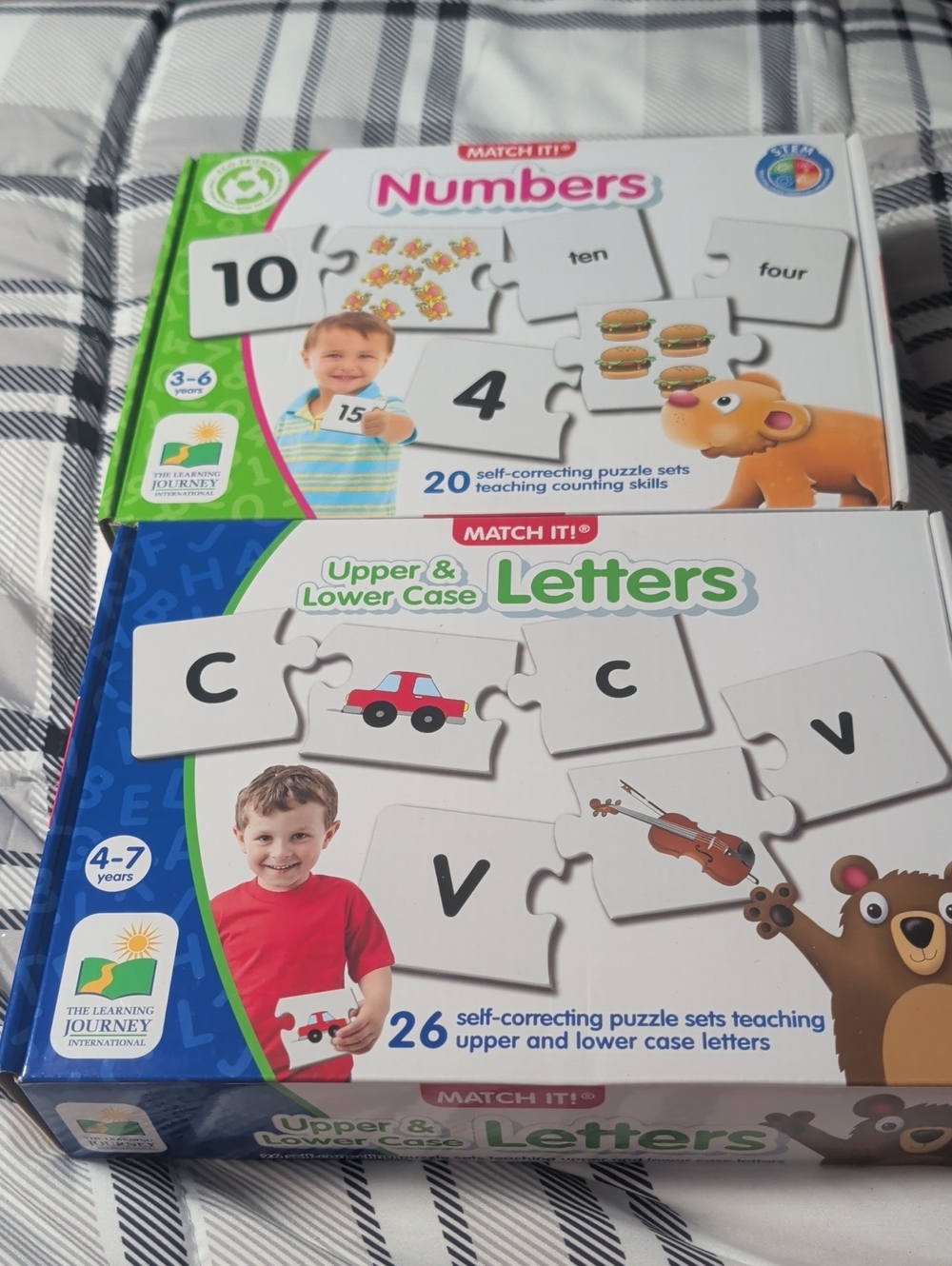 Set Of 2 Match It Self Correcting Puzzles, Letter And Numbers, Used